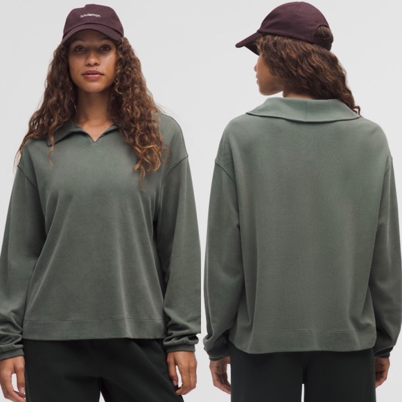 lululemon athletica Tops - Lululemon Softstreme Pique Oversized Long-Sleeve Polo Shirt Palm Deco SZ S
